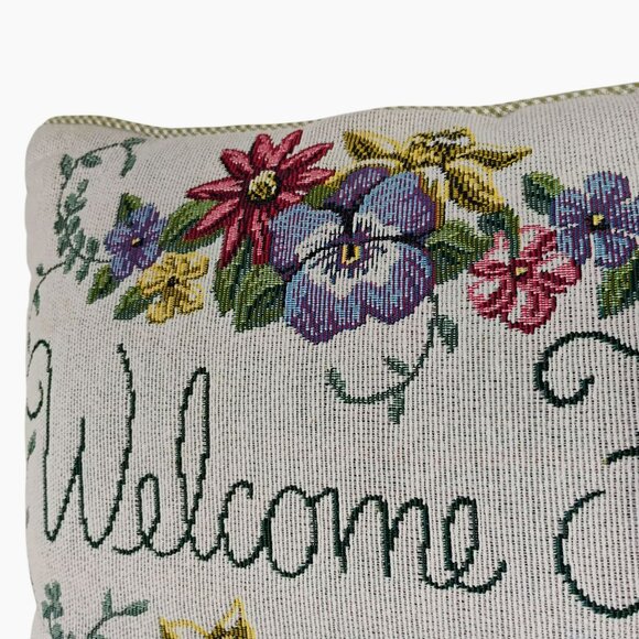 Vintage Floral Welcome Friends Tapestry Throw Pillow, Flowers Cottagecore Granny - Picture 2 of 6